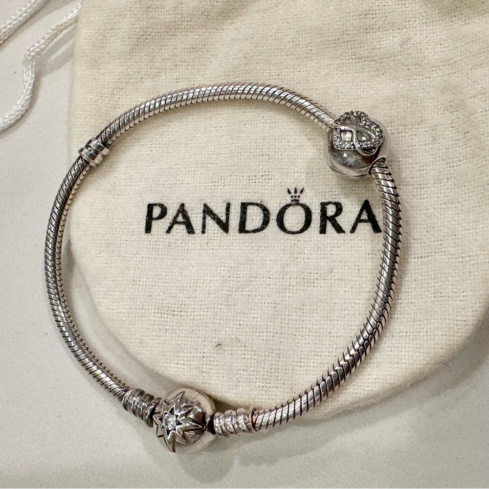 Rare Pandora Starry Sky snake chain bracelet with Infinity Heart charm - 7 inch